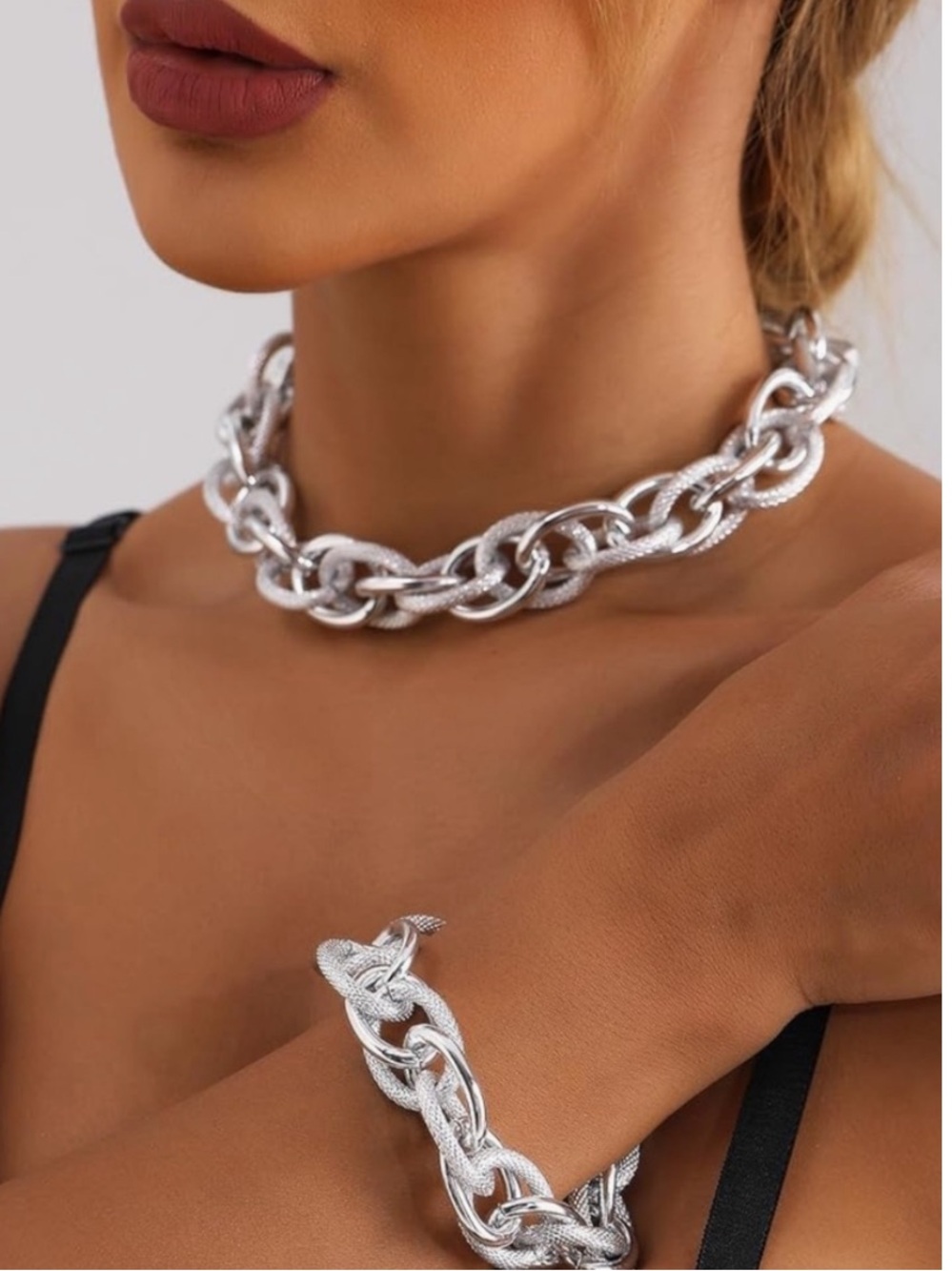 Silver Textured Link Necklace and Bracelet Set